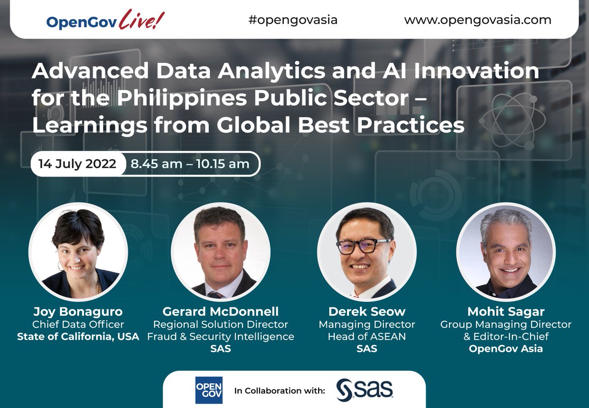 SASAsiaPacific's tweet photo. #OpenGovLive! Virtual Breakfast Insights: In this Philippines session, our experts will discuss how government agencies can accelerate, innovate and transform their advanced analytics capabilities to make timely, data-driven decisions for better outcomes.
#AdvancedAnalytics #AI https://t.co/uh4SGTWZoY