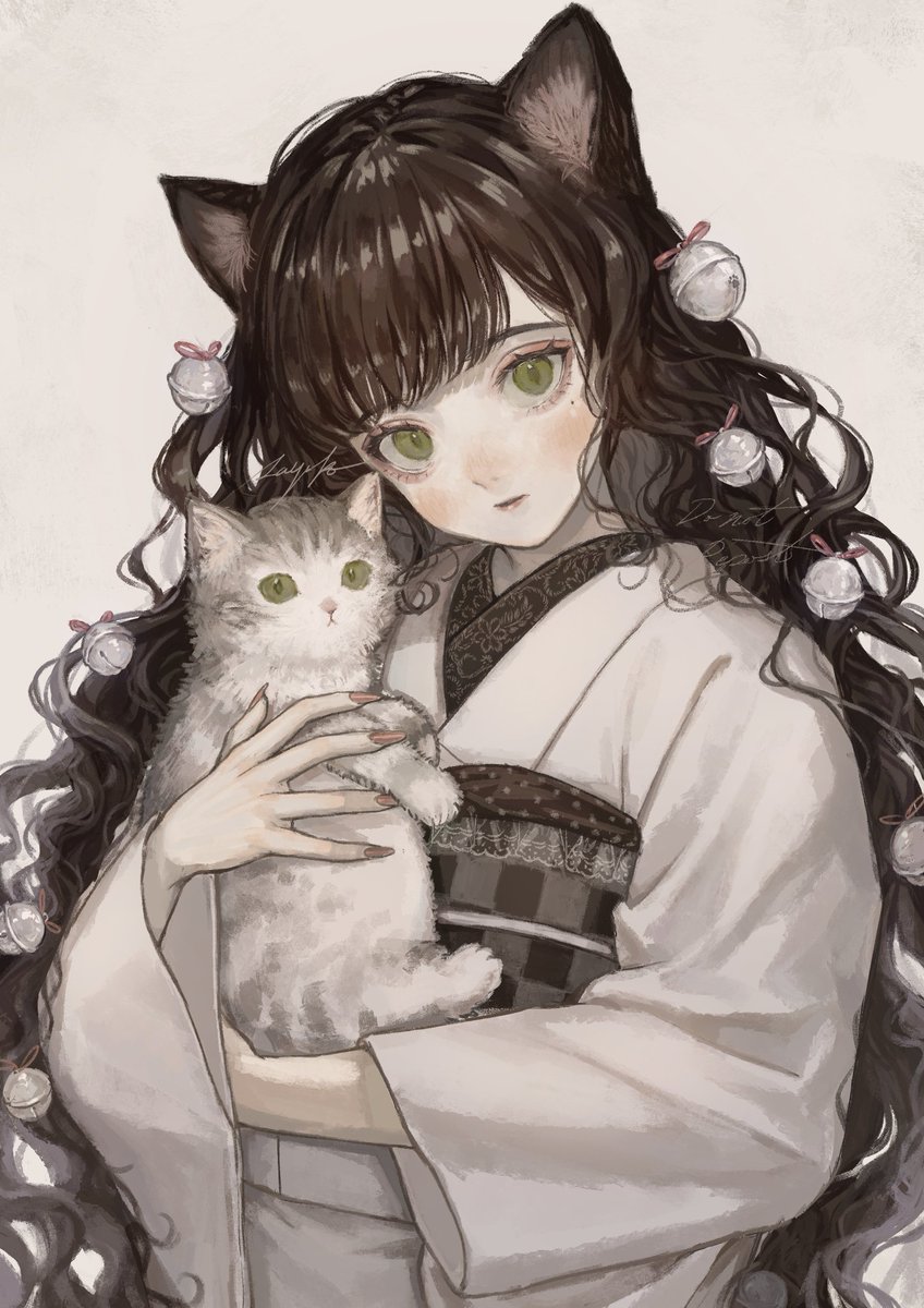1girl animal ears kimono japanese clothes cat ears long hair holding animal  illustration images