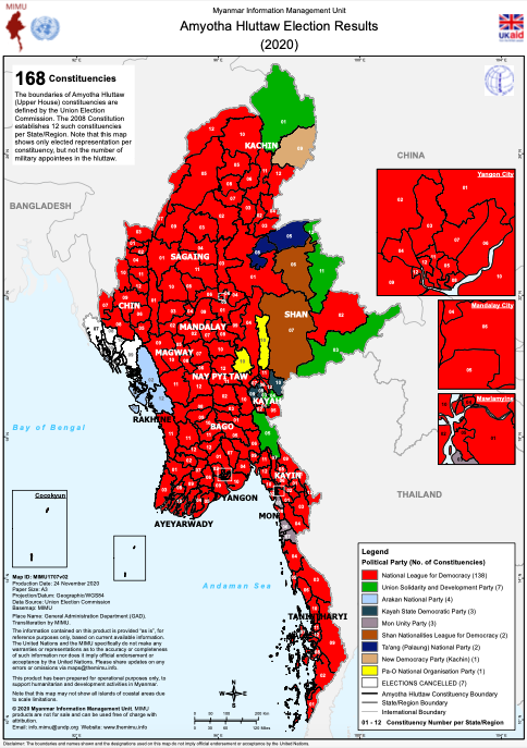 DrTunMyint's tweet photo. It is misleading to say that Sagaing has most active PDFs and local resistance against 2021 coup because it is NLD hardcore region.  Three maps show NLD won almost the entire country in 2020 election. 

"Sgaing Rebellion" provide a historical fact to see why it is active as it. https://t.co/GpP63x3rkZ