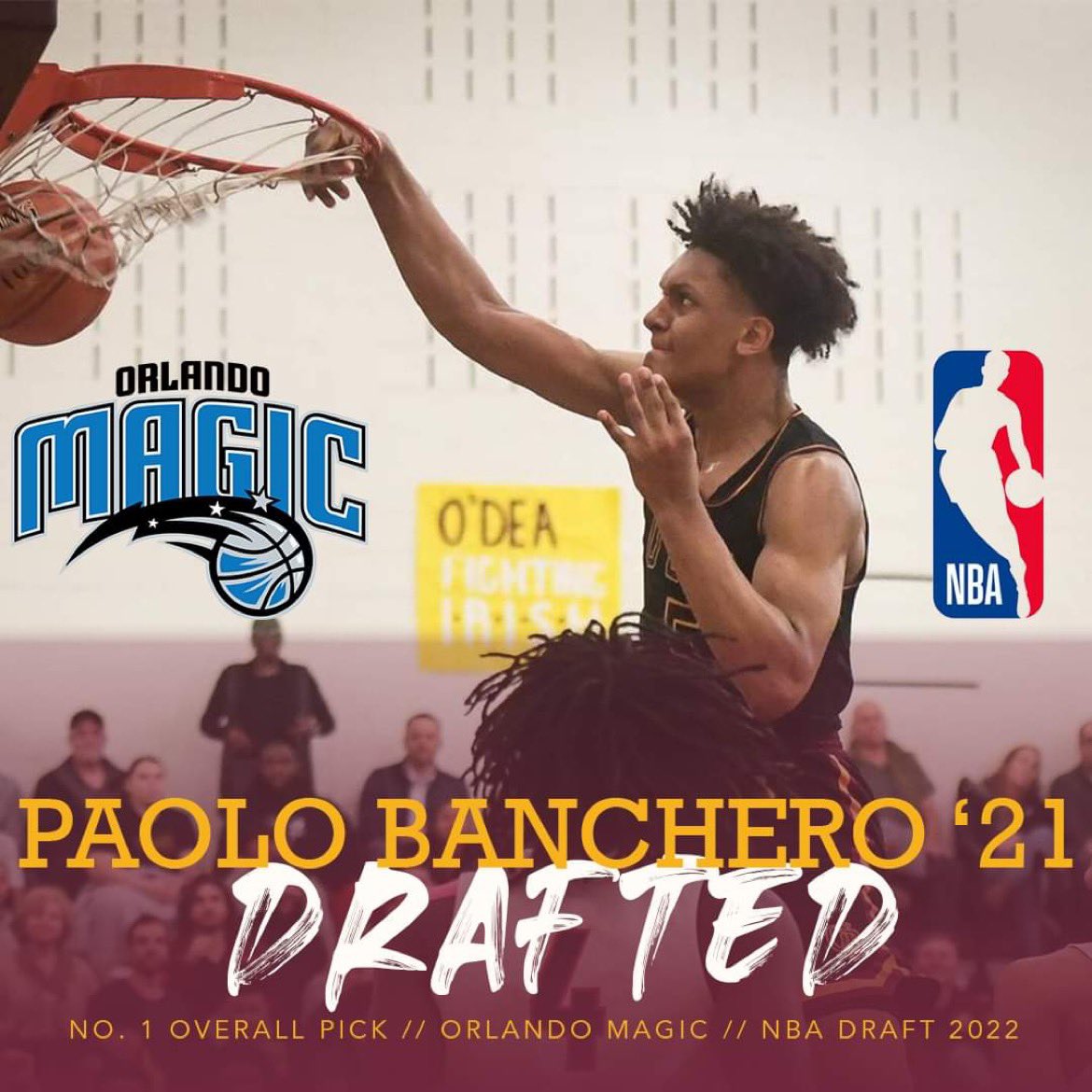 NUMBER 1 PICK! IRISH IN THE NBA! 🏀👏☘️ 
From the walls of Phil Lumpkin Court to Duke to the Sunshine State &amp; the Magic! A huge O’Dea congratulations to <a href="/Pp_doesit/">Paolo Banchero</a> ‘21 on being drafted by the <a href="/OrlandoMagic/">Orlando Magic</a> as the 1ST OVERALL PICK in the 2022 <a href="/NBA/">NBA</a> draft!
#NBADraft2022