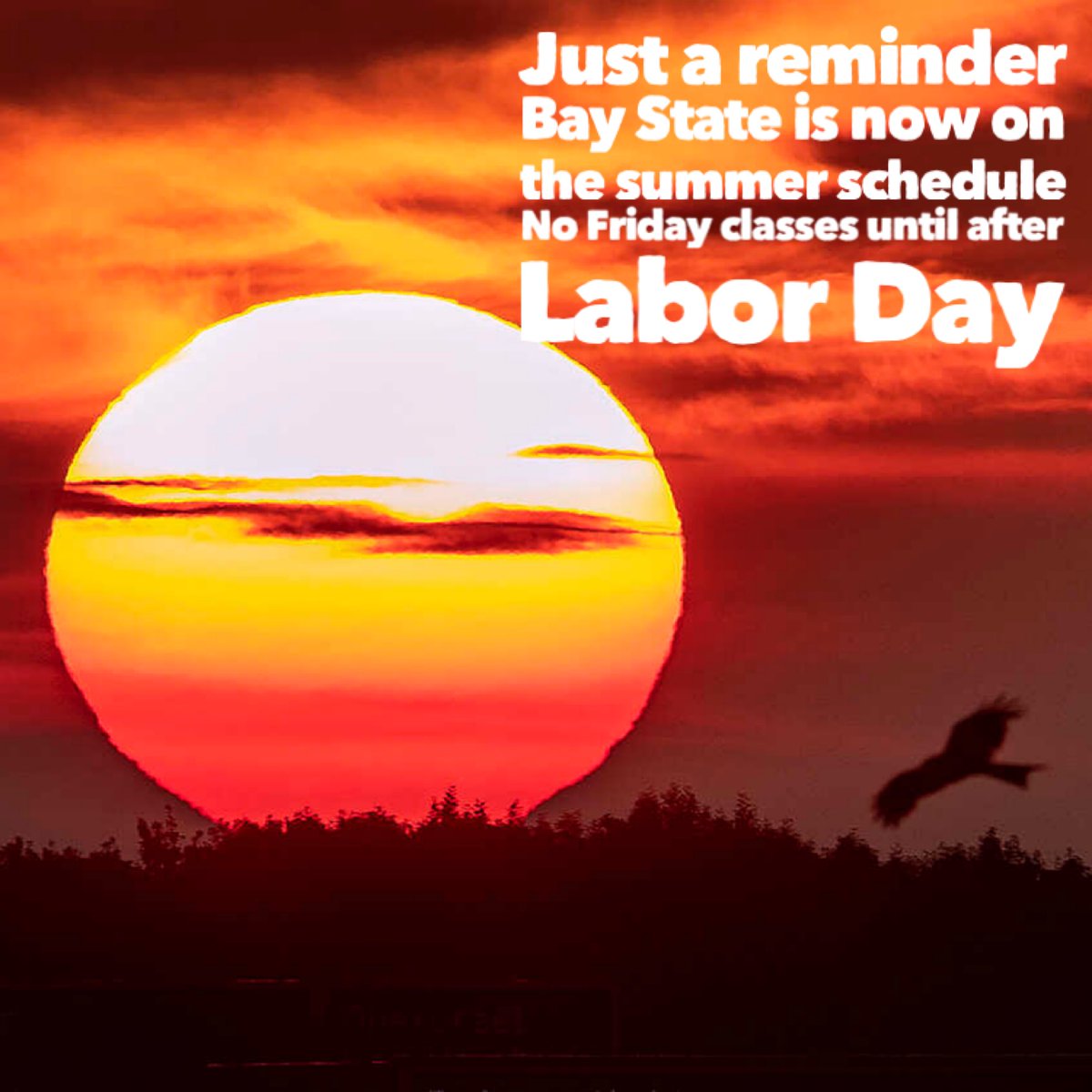 BayStateMA's tweet photo. Happy Summer☀️BSMA is now following the summer schedule.
No Friday classes until after Labor Day. #baystatema https://t.co/KSkZCXlFb3
