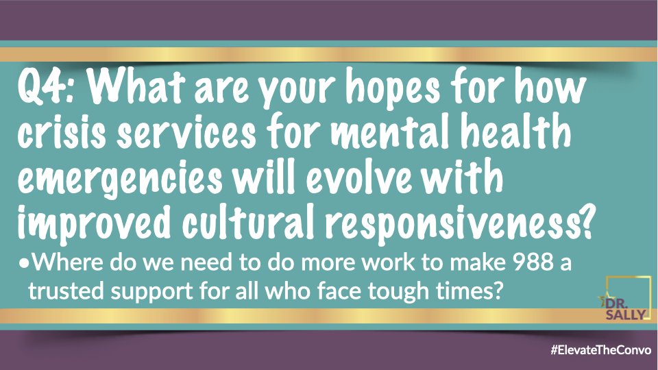 sspencerthomas's tweet photo. Q4: What are your hopes for how crisis services for #mentalhealth emergencies will evolve with improved #culturalresponsiveness? Where do we need to do more work to make #988 a trusted support for all who face tough times? #ElevateTheConvo #SuicidePrevention #BIPOC #LGBTQ https://t.co/wWCRKDwlik