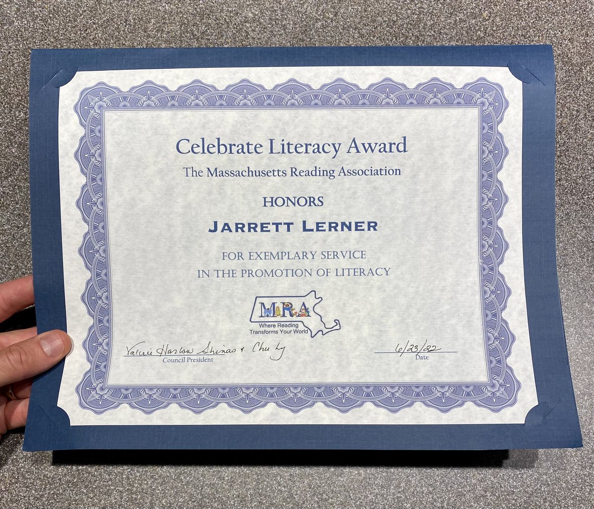 Tonight I got to go to dinner with the Greater Boston Reading Council, part of the Massachusetts Reading Association, who gave me the Celebrate Literacy Award “for exemplary service in promotion of literacy.” I’m beyond honored. It’s a joy and privilege to get to do what I do. 💛