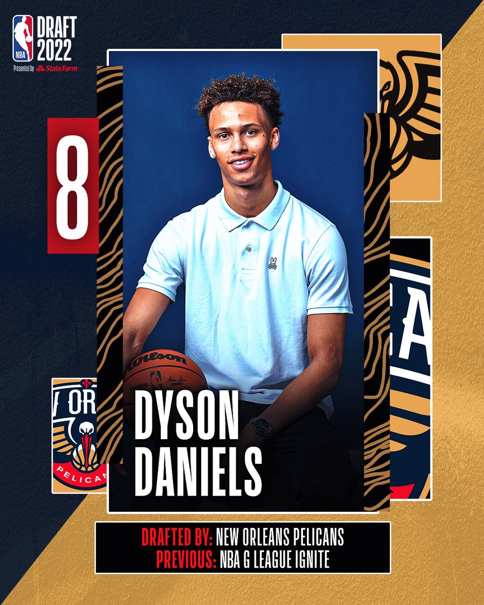 NBA's tweet photo. With the 8th pick of the @NBADraft, the @PelicansNBA select @DysonDaniels from the @nbagleague Ignite!

2022 #NBADraft presented by State Farm on ESPN &amp; ABC https://t.co/eqHNSCRoWS