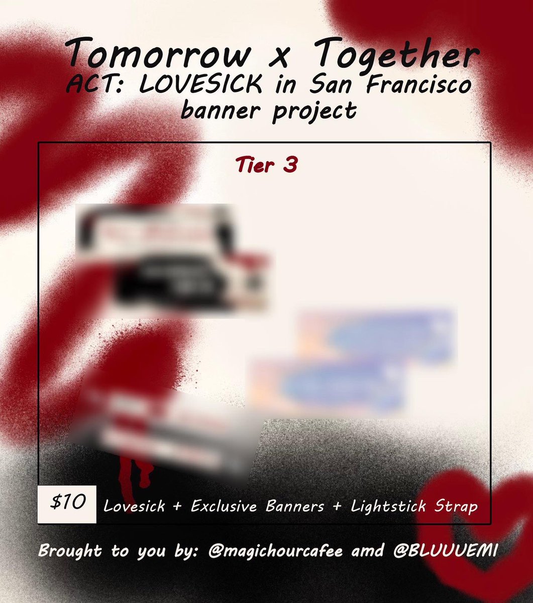 MagicHourCafee's tweet photo. 💔LOVESICK IN SF Banner Project🖤

Our fundraiser for the San Francisco banner project is finally open! Anything that you donate towards this fundraiser helps us get a little closer to showing our appreciation to TXT. Thank you in advance!

#Lovesickinsf #txtinsf #TXT_WORLD_TOUR https://t.co/g3DSGv2HJU