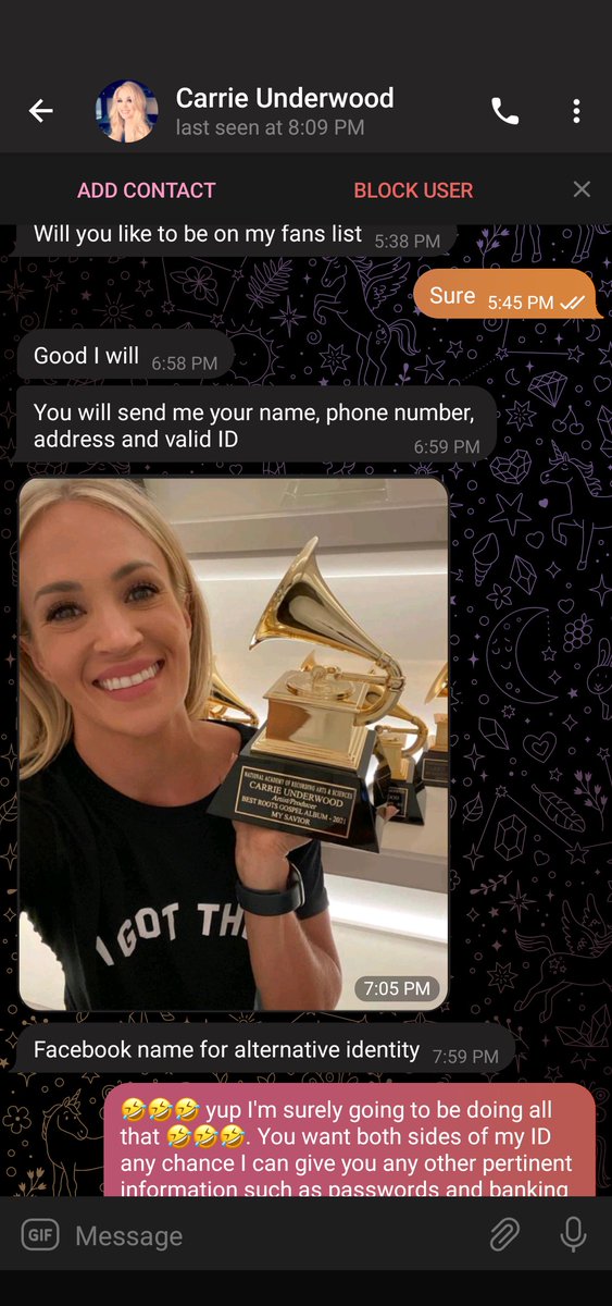 JoyLiberty's tweet photo. @carrieunderwood @RecordingAcad There's someone using your identity on the Telegram app. Here's please contact me for copy of convo https://t.co/wKEYbhgRWa