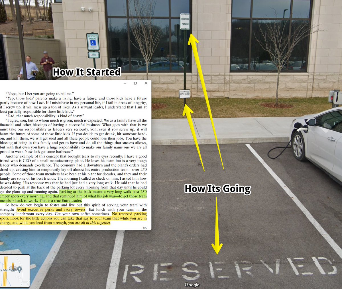 Yesterday a former coworker posted a picture of the CEO's car in its reserved space. The space always had a double-parked luxury car. In the picture he posted it was a classic Corvette, also double parked.

The space it was double parked in? Handicapped

Also, this: