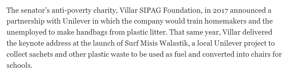 JaninetheJourn's tweet photo. The Philippines and Sen. Villar were mentioned in this Reuters story that probed Unilever's work to sidestep plastic sachet regulation. It claims that Unilever lobbied the chair of the Senate env't panel to prevent a ban. It also says Unilever had worked with Villar's nonprofit. https://t.co/1xhGeO9Dnm
