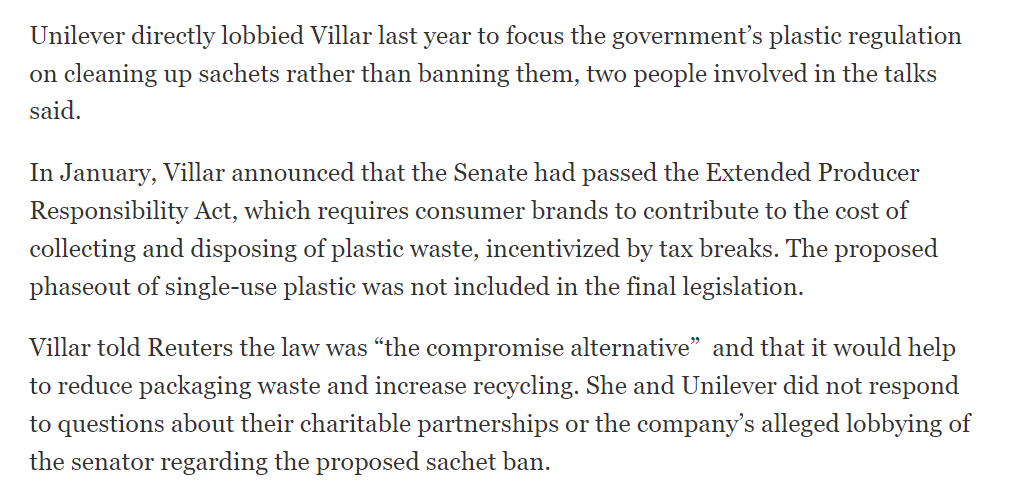 JaninetheJourn's tweet photo. The Philippines and Sen. Villar were mentioned in this Reuters story that probed Unilever's work to sidestep plastic sachet regulation. It claims that Unilever lobbied the chair of the Senate env't panel to prevent a ban. It also says Unilever had worked with Villar's nonprofit. https://t.co/1xhGeO9Dnm