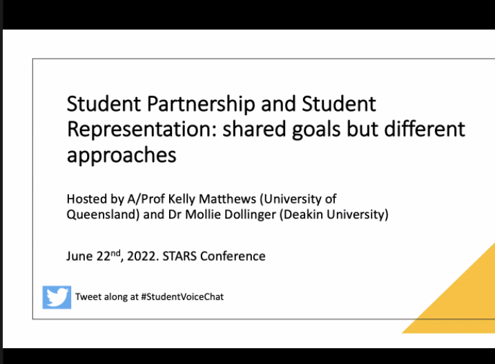 UniSTARSConf's tweet photo. @molliedollin and @kellymatthewsUQ in today's #unistars Student Partnership Network 💫
Examining individual and collective ideas about student partnership and student representation #StudentVoiceChat https://t.co/HrR2fohH9u