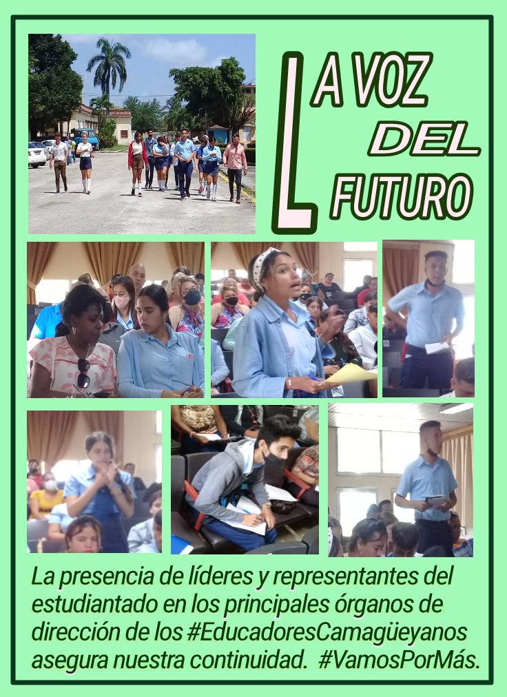 NUESTROS JÓVENES SON EL FUTURO 
Cómo piensan, cuáles son sus inquietudes, sus proyectos y aspiraciones, debe ser motivaciones permanentes en el actuar de los #EducadoresCamagüeyanos y #Juntos #VamosConTodo 

<a href="/elsa_ena/">Ena Elsa Velázquez Cobiella</a>, <a href="/Eugeniocubano/">Eugenio González Pérez</a>, <a href="/escuredo_mercy/">María Mercedes Escuredo Olazabal</a>, <a href="/CLPEJI/">Clay Pérez Jiménez</a>, <a href="/DayamiGaliano/">Dayami Galiano</a>
