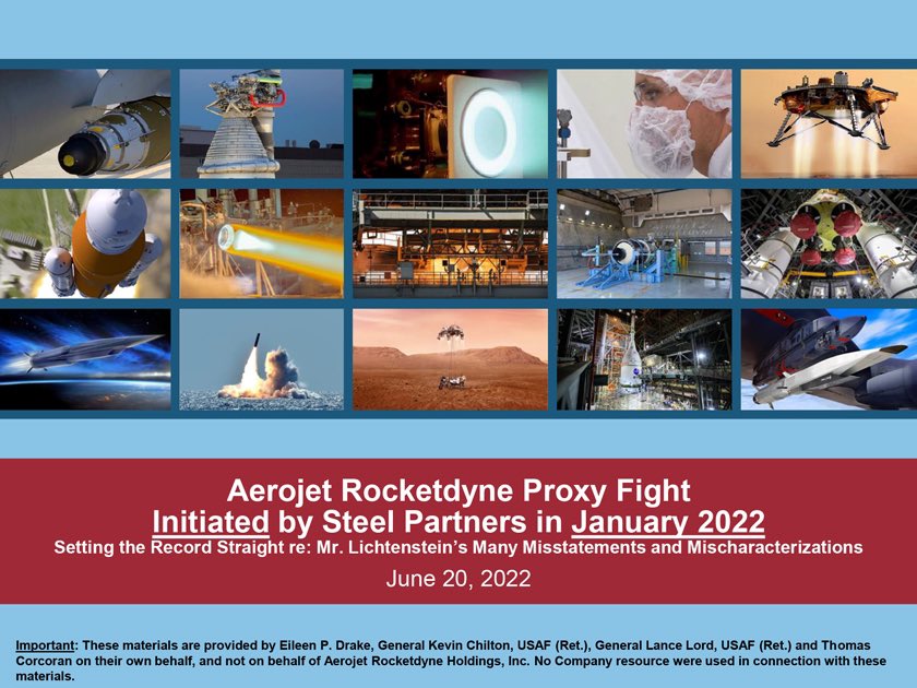 MrCorpGov's tweet photo. Aerojet Rocketdyne CEO and respective board team out with a damnatory deck against Lichtenstein and team
$AJRD #ProxySeason #ESG #CorpGov #Activism #ProxyContest #AeroSpace https://t.co/xOV8cBGM8r