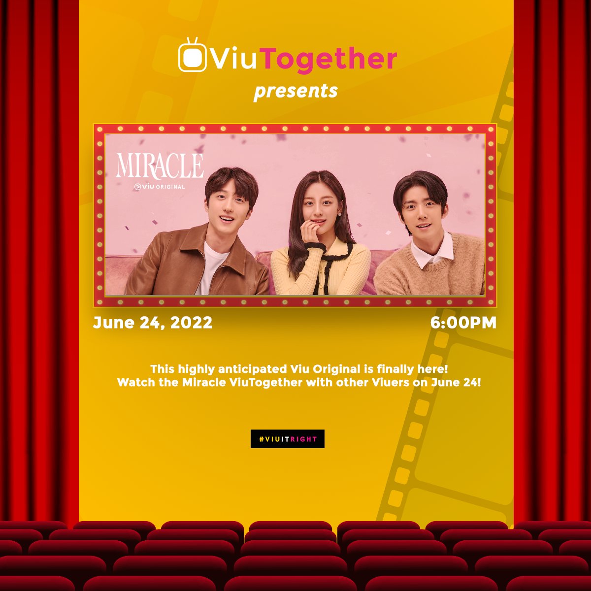 ViuniversePH's tweet photo. Get to watch new Viu Original Miracle before Korean airing! Join our ViuTogether this June 24! 🎤💛
#Miracle #ViuTogether #KangMinAh #Chani #HWIYOUNG https://t.co/hlEPRTpSdJ