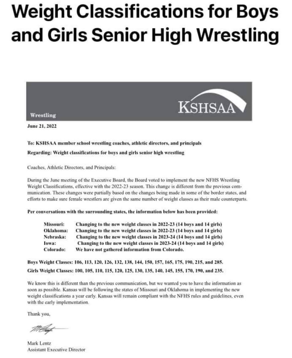 Weight Class changes were slated for 2023-24 season.  However, the KSHSAA Board voted this week to join Missouri and Oklahoma in moving to them this season!  14 weight classes for Boys and for Girls!  #btonwrestling