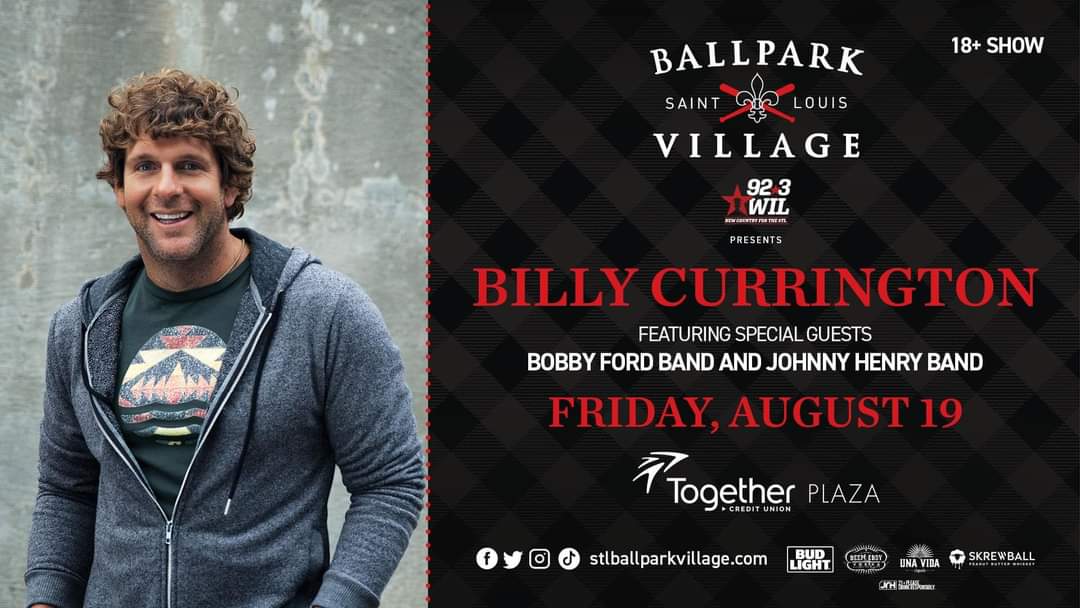 Johnny_Henry's tweet photo. Join 92.3 WIL in the Together Credit Union Plaza at Ballpark Village St. Louis for Billy Currington on Friday, August 19th! 
⭐️ Featuring The Johnny Henry Band &amp; The Bobby Ford Band!
🎫Tickets go on sale TOMORROW at 10am  
Info &amp; tickets at https://t.co/zfy419VZ3M https://t.co/vFDn7zaGcC