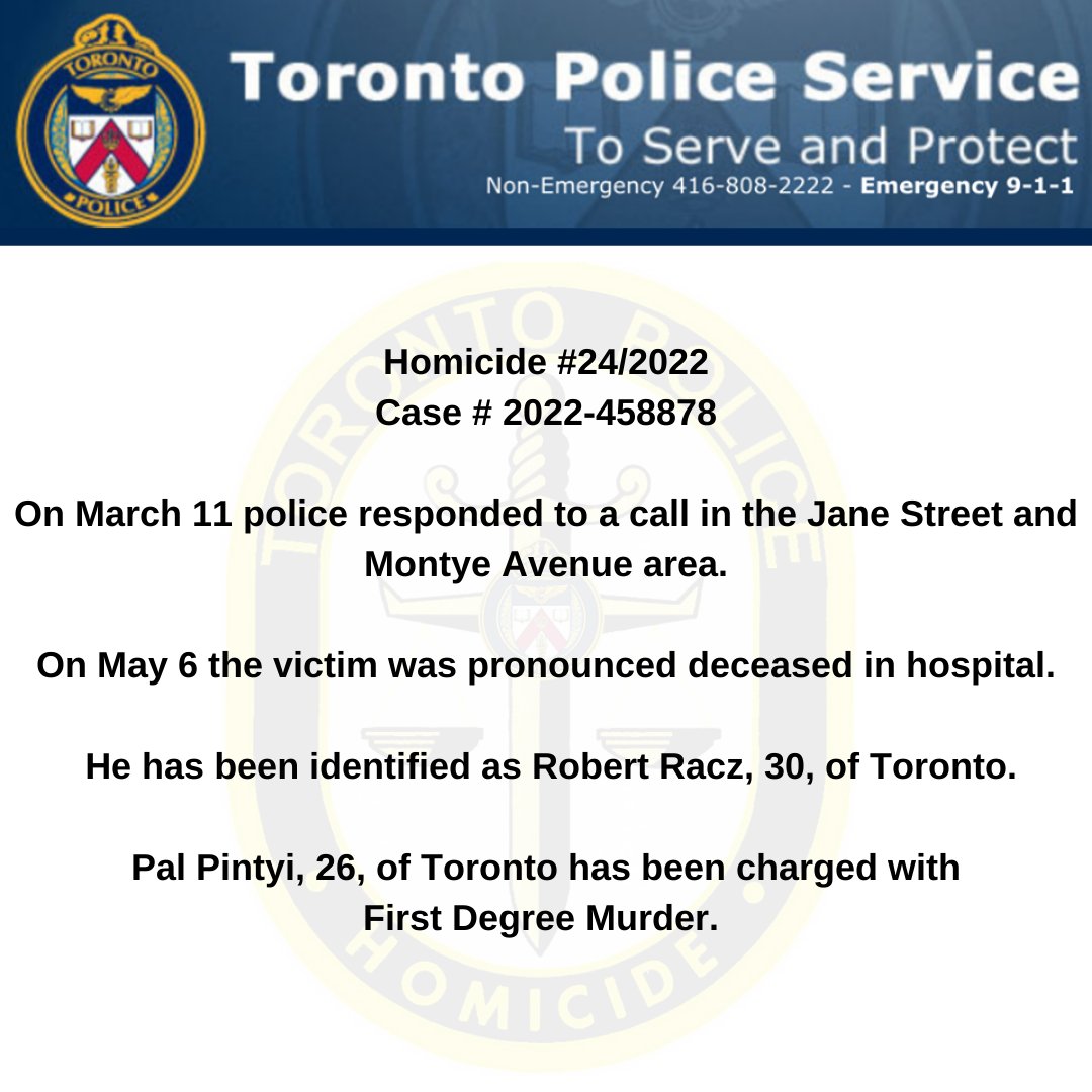 Homicide 24/2022 On March 11 police responded to a call in the Jane Street and Montye Ave area. On May 6 the victim was pronounced deceased in hospital. He has been identified as Robert Racz,30, of Toronto. Pal Pintyi, 26, of Toronto has been charged with First Degree Murder.