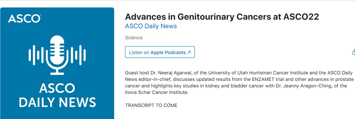 @ASCO #ASCODailyNews podcast👉We discuss high-impact GU abstracts from the #ASCO22  Must listen if you missed any of these: Enzamet trial (with docetaxel subgroup analysis), TheraP trial on cabazitaxel vs LuPSMA, 9ER & more @OncoAlert @urotoday Podcast👉 bit.ly/3yaqJRJ