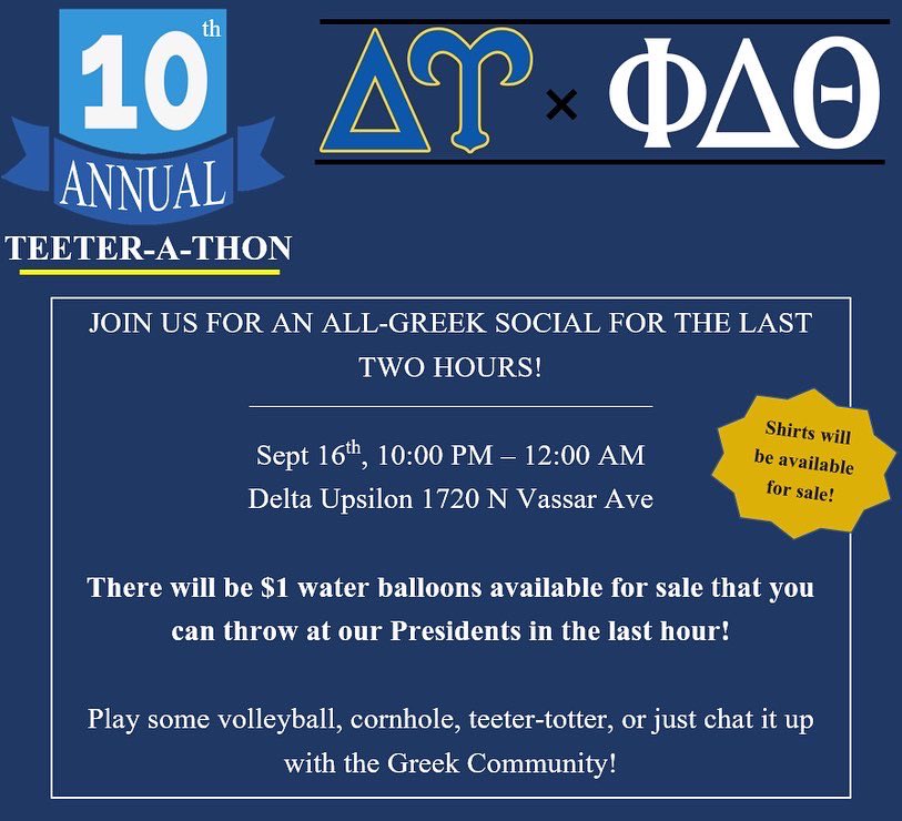 DeltaUpsilonWSU's tweet photo. Mark it in your calendars! This year Phi Delta Theta will be partnering with Delta Upsilon for the annual Teeter-A-Thon event! Come on out on September 16th at 10 pm to support the Global Service Initiative and the LiveLikeLou organization! More details to follow soon! https://t.co/cHBi9K4z5a