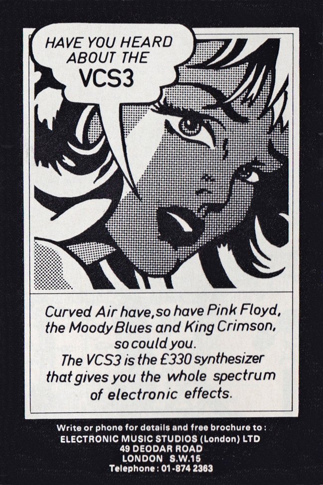wearesegue's tweet photo. Another cracker #retrosynthads from EMS. This time a little bit of "inspiration" from Lichtenstein. If only a VCS3 was still available, and for 330 quid no less. I wonder if this is around when @brianeno bought his? https://t.co/AzsrWWnK2i
