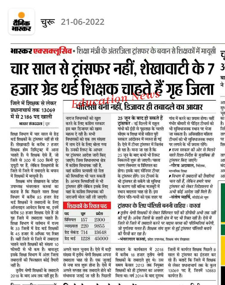 तृतीय श्रेणी शिक्षकों के एक जिले से अन्य जिले के लिए ट्रासंफर जल्द शुरू करें 
#3rdग्रेड_गृहजिला_ट्रांसफर
#3rdग्रेड_गृहजिला_ट्रांसफर
<a href="/ashokgehlot51/">Ashok Gehlot</a> <a href="/GovindDotasra/">Govind Singh Dotasra</a> 
<a href="/DrBDKallaINC/">Dr. Bulaki Das Kalla</a> <a href="/ShakuntalaRavat/">Shakuntala Rawat</a>
<a href="/zeerajasthan_/">ZEE Rajasthan</a> 
<a href="/1stIndiaNews/">First India News</a> <a href="/dsrajpurohit291/">Doonger Singh</a> <a href="/tribhuvun/">Tribhuvan</a> <a href="/pantlp/">LP Pant</a> <a href="/AshokChandnaINC/">Ashok Chandna</a>