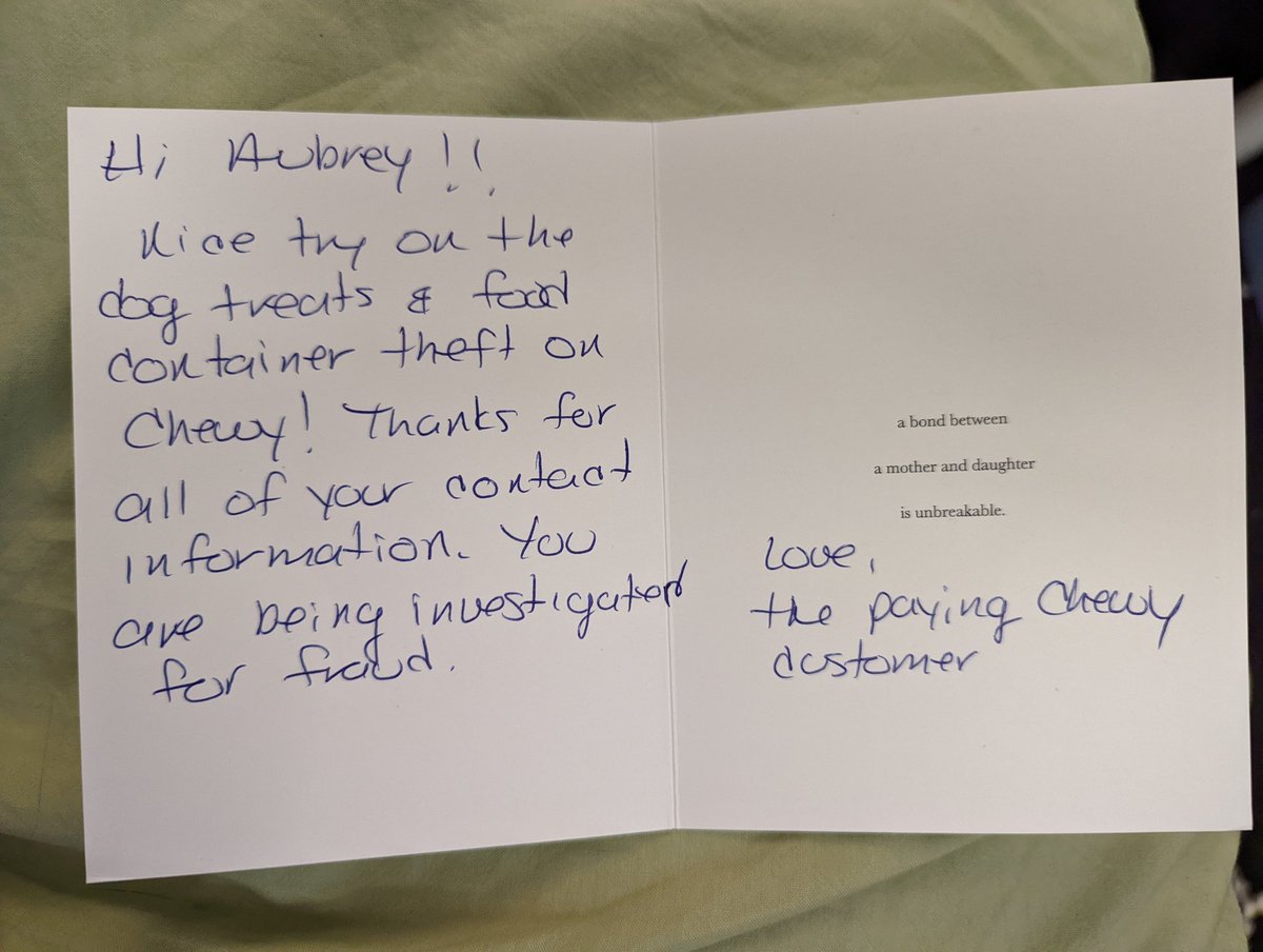 artmodel's tweet photo. I bought two storage containers off eBay and today I received a threatening letter.  I've talked to both eBay and Chewy. No one can figure out how the nut job who sent me this got my address since the seller seems to be a legit drop shipper from Chewy. https://t.co/Xj7i9HjTtZ