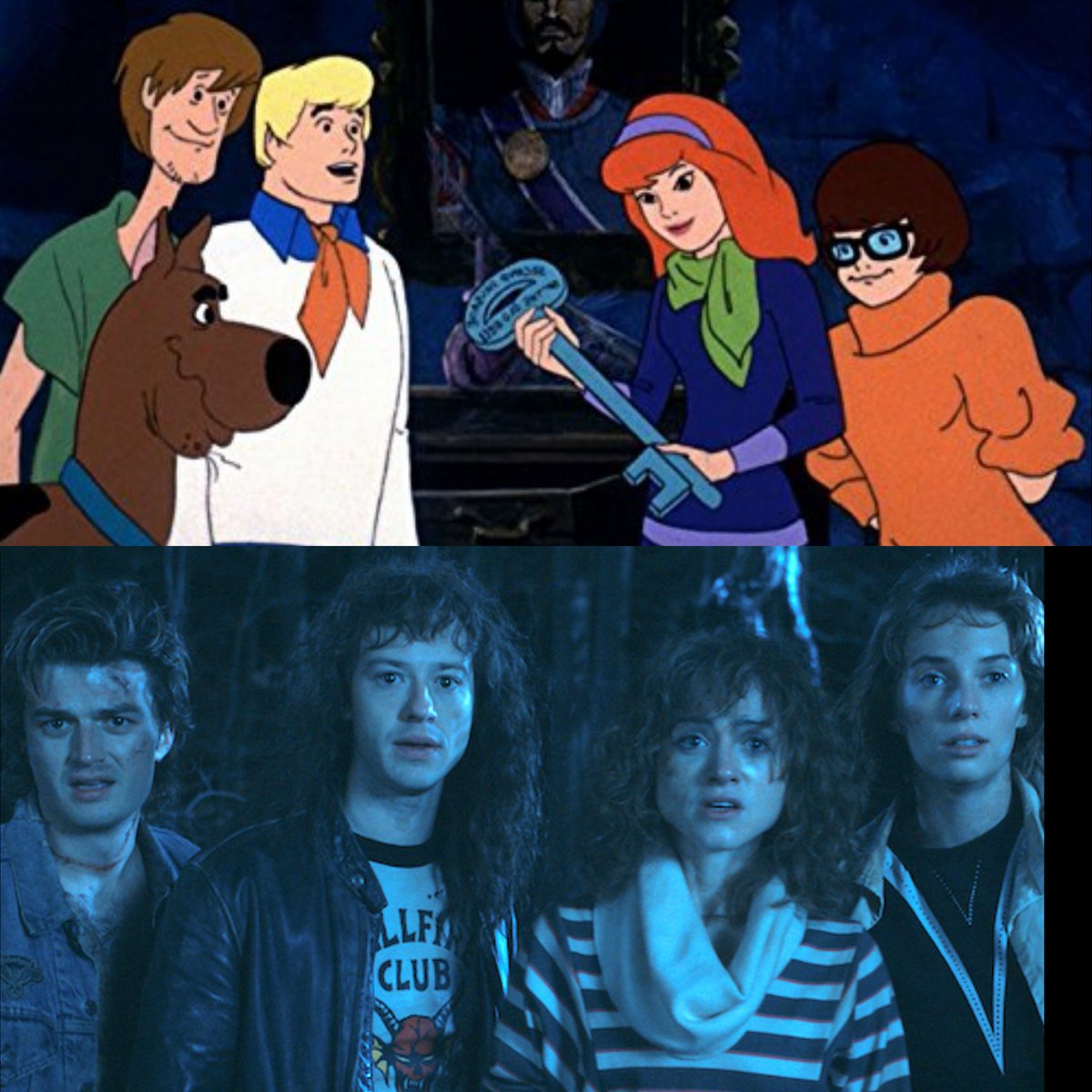 Ok so here me out... 
 #StrangerThings #scoobydoo 
#cantunsee
The men are switched but you get it.