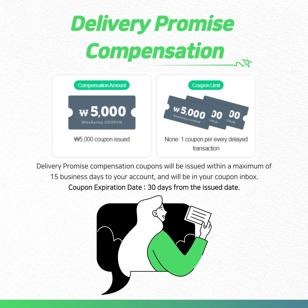 Dimasjawa's tweet photo. WireBarley’s Delivery Promise is a policy that promises fast delivery and provides ₩5000 coupons to you for any transaction delayed 24 hours (1 day) or more than its scheduled delivery day.
#WireBarley #wiretransfer #moneytransfer #remittance #studyabroad https://t.co/EXItAXxhj9