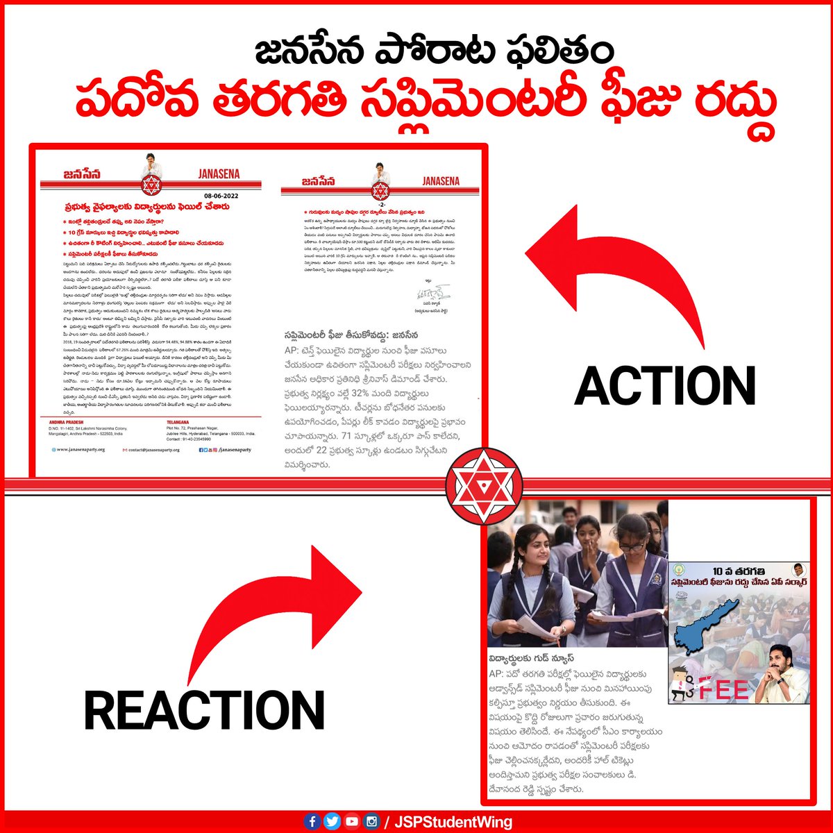 JSPStudentWing's tweet photo. జనసేన పోరాట ఫలితం
పదోవ తరగతి సప్లిమెంటరీ ఫీజు రద్దు

#10thClassExams #AndhraPradesh 
#JSPWithAPStudents https://t.co/YkHfbHwsvk