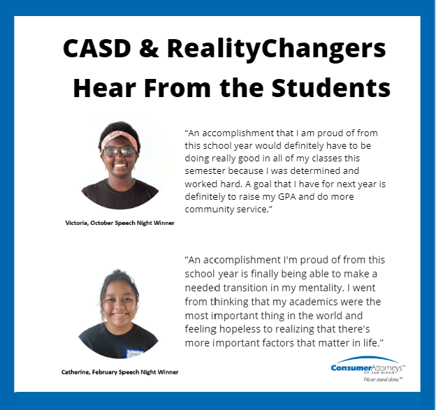 CASDTweets's tweet photo. CASD is proud to support Reality Changers by participating in the organization’s annual Student Speech night. Here, two students share their accomplishments and goals. #neverstandalone #casdattorneys https://t.co/5ODUOQYAlf