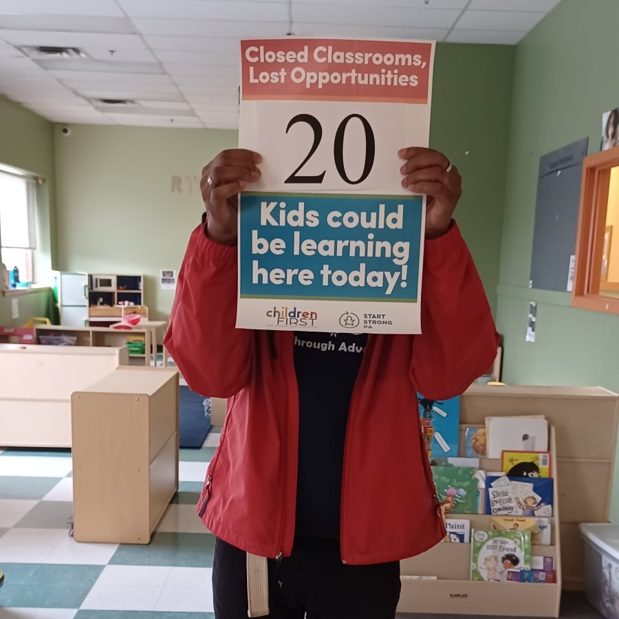 childrenfirstpa's tweet photo. Our press conference topping off our "30 days of closed classrooms" was today...but sadly we're still getting photos of closed classrooms. These are from Philly - more kids missing out. #RaiseChildCare #EmptyClassrooms #30in30 https://t.co/cWDwsTe0Ll