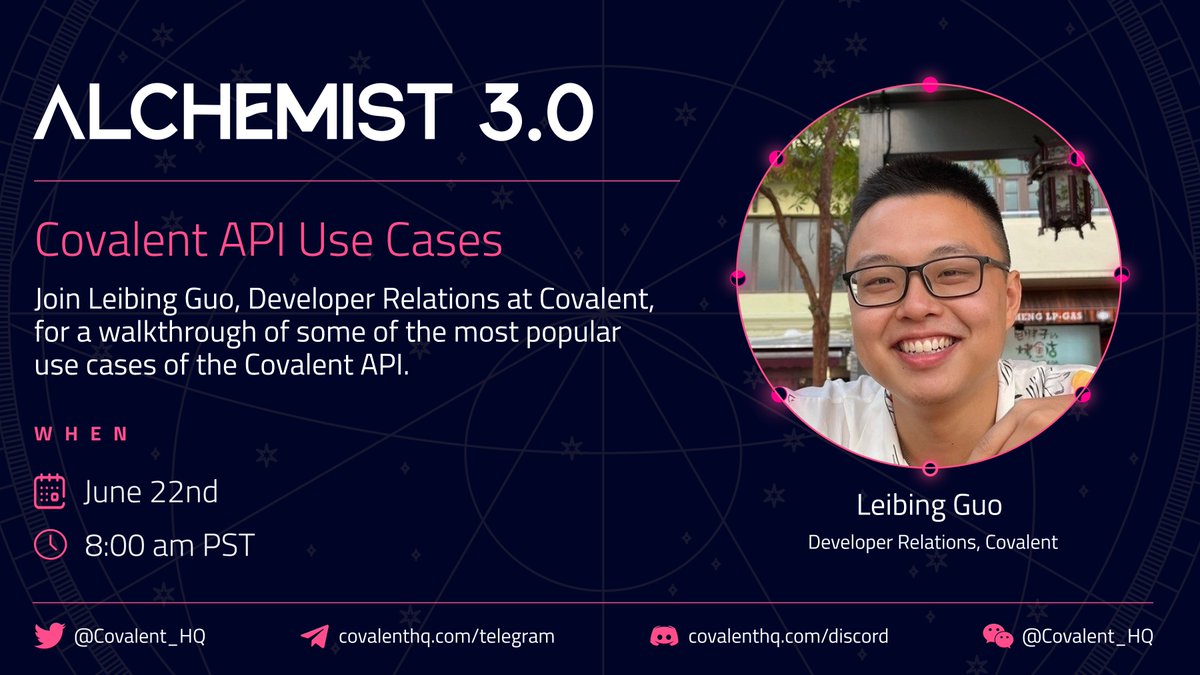 Okay frens! 👋

Today is the day we take a deep dive into <a href="/Covalent_HQ/">Covalent</a> #UnifiedAPI use-cases in an online workshop with <a href="/musingsondefi/">leibing</a>! 🛠 ⛓

📆: Wed, June 22nd
⏰: 8am PST/ 3pm UTC /4pm UTC+1

🔥 Signup here 👉 us06web.zoom.us/webinar/regist…

Don't miss it.