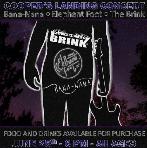NEW SHOW NEW LOCATION SAME GOOD MUSIC

June 25th 6-9pm @cooperslandingmo this is a FREE ALL AGES SHOW! There will be drinks and a food truck! We hope you guys are just as excited as we are!

@bana_nana_jams First
Then <a href="/thebrinkcomo/">The Brink</a>
@elephantfootofficial Will Close It Out