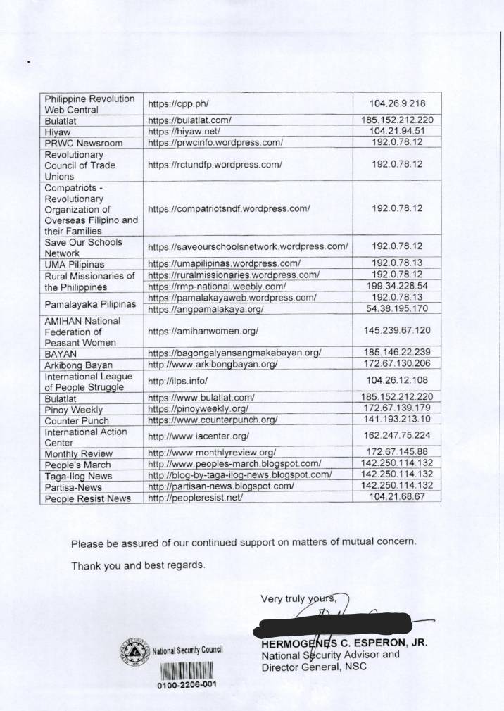 The NTC cites a June 6, 2022 letter from the National Security Council listing websites “found to be affiliated to and are supporting terrorists and terrorist organizations.”