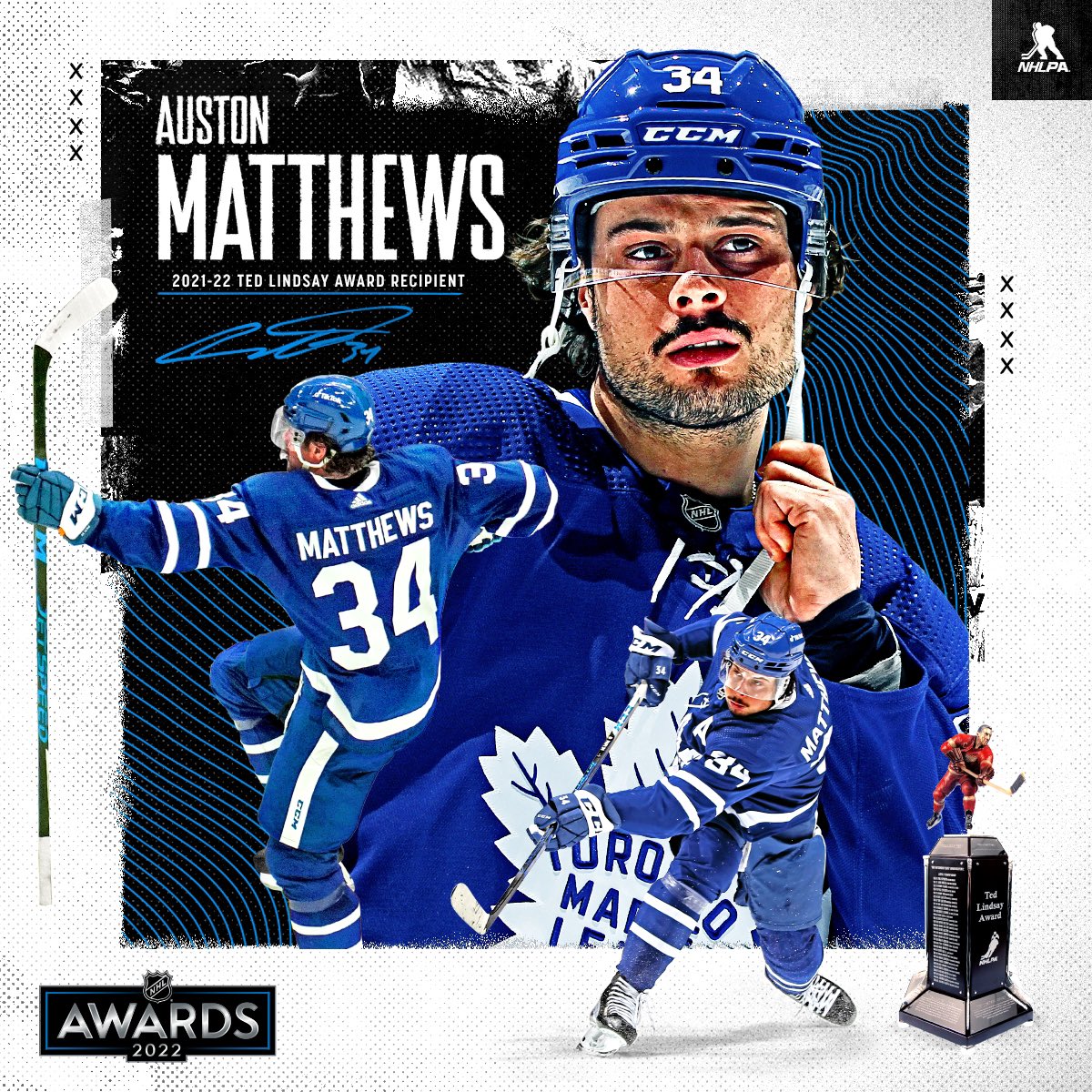 NHLPA's tweet photo. Congratulations to @AM34 on his first career #TedLindsayAward!

Matthews becomes to first @MapleLeafs player to be selected by his NHLPA peers as the most outstanding: https://t.co/aptAlxLVoC #NHLAwards https://t.co/9qob5Z2d1Z