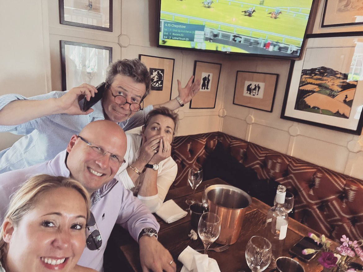 WindyCityAmanda's tweet photo. Lambourn Winner’s Circle pic! Epic day yesterday @osbornejamie and Katie’s stunningly beautiful home, stable and training yard in the English countryside! 😍 Pure heaven for human, horse &amp; hound alike! 🏇🏻🐶🥂#Group1Company #UpperLambourn #BadBobby https://t.co/L3tYnfF567