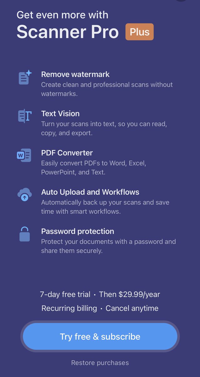 cgdougm's tweet image. So does everyone that needs occasional iPhone scanning and fax just use these trials and never pay?

Such an annoying business model. You always end up forgetting to cancel.

I would love to find a pay-for-consumption #pdfscannerapp but I guess it doesn’t work for the developer.