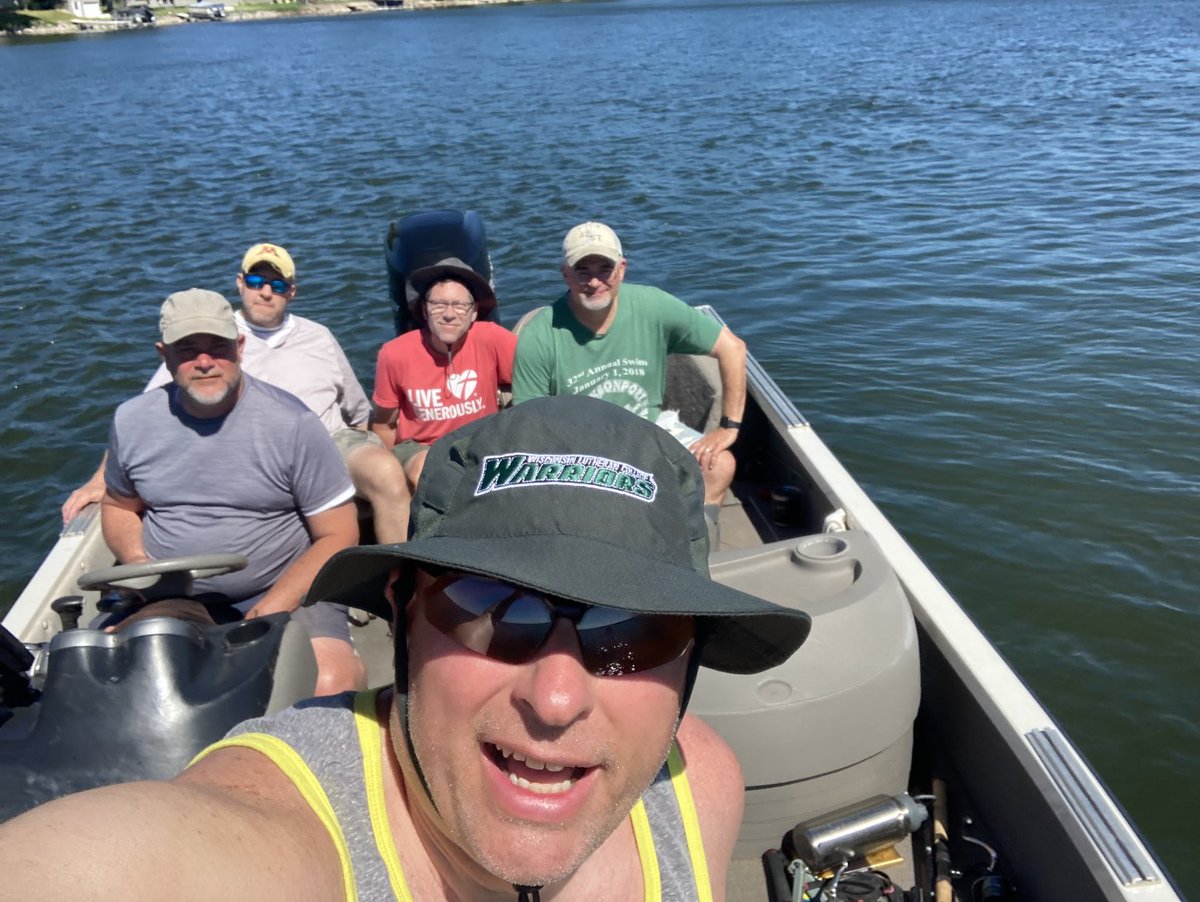 RevShevWLC's tweet photo. Best Thing Today, June 21: First day of summer I was able to enjoy about 8 hours of boat time in central MN with these fine gents from the Northwestern College (WI) class of 1995! #DiamondLake #LtoRCaptainFrogKingSas #missingtwo #fishcamp2022 #nofishforme #thinkIcare #oiTroianeys https://t.co/NzQIQdGRBN