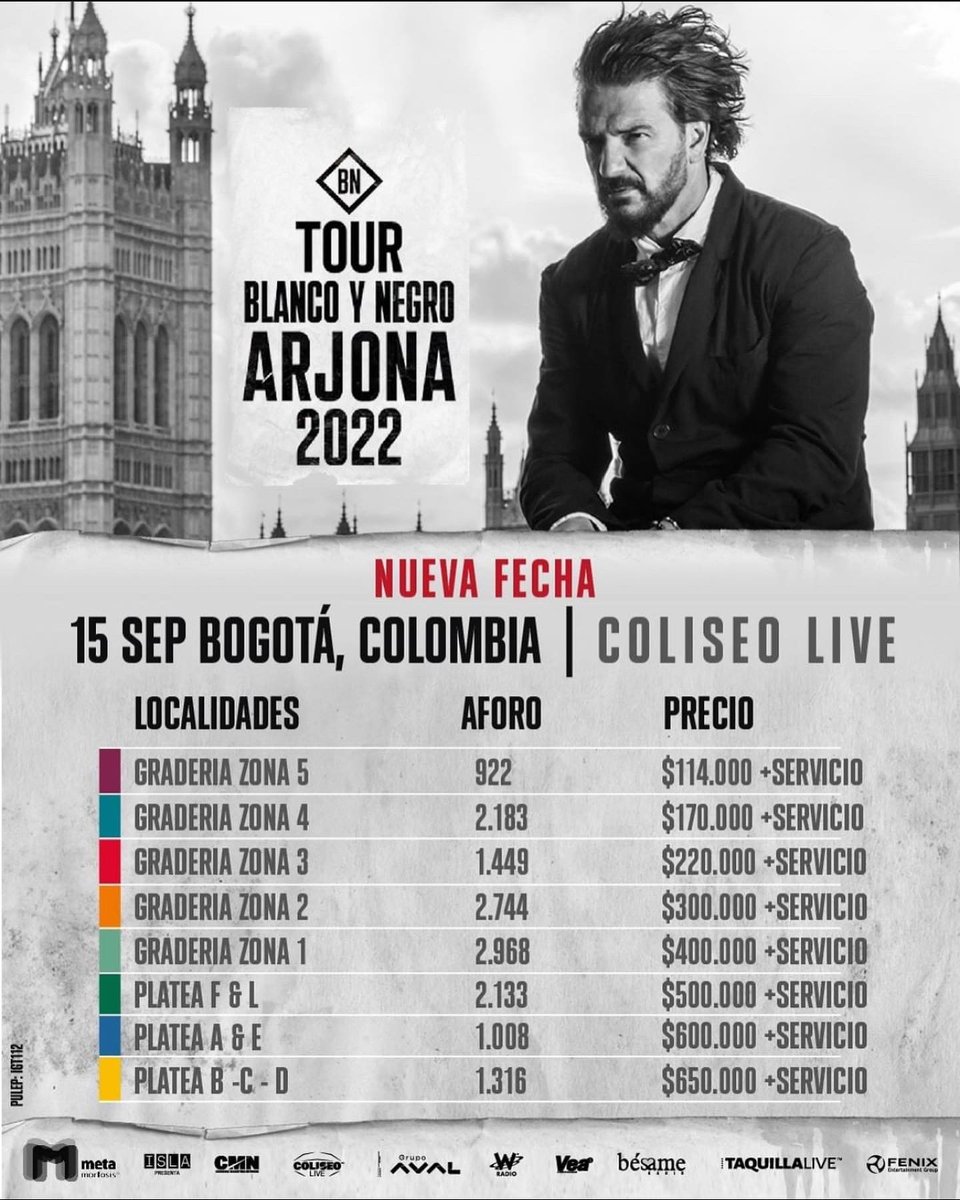 Colciertos's tweet photo. ¡@ricardoarjona AGOTA EN BOGOTÁ!
.
🙌 Después del gran éxito de su Blanco y Negro Tour en la capital, nos preparamos para una nueva cita el próximo 15 de septiembre en @coliseolive @taquillalive 
.
🎟️ Boletería disponible para clientes de @bancosaval el próximo 22 de junio https://t.co/NYFM6HpWFT