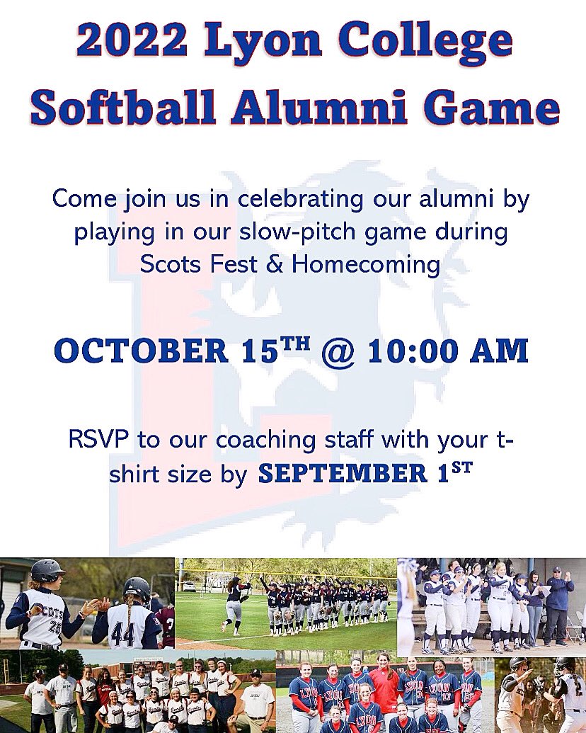 🚨ALL FORMER LYON COLLEGE SOFTBALL ALUMNI🚨

Mark your calendar for October 15th at 10 AM for our alumni game! We want to celebrate you and your time at Lyon College! 

arscottishfest.com

⚔️