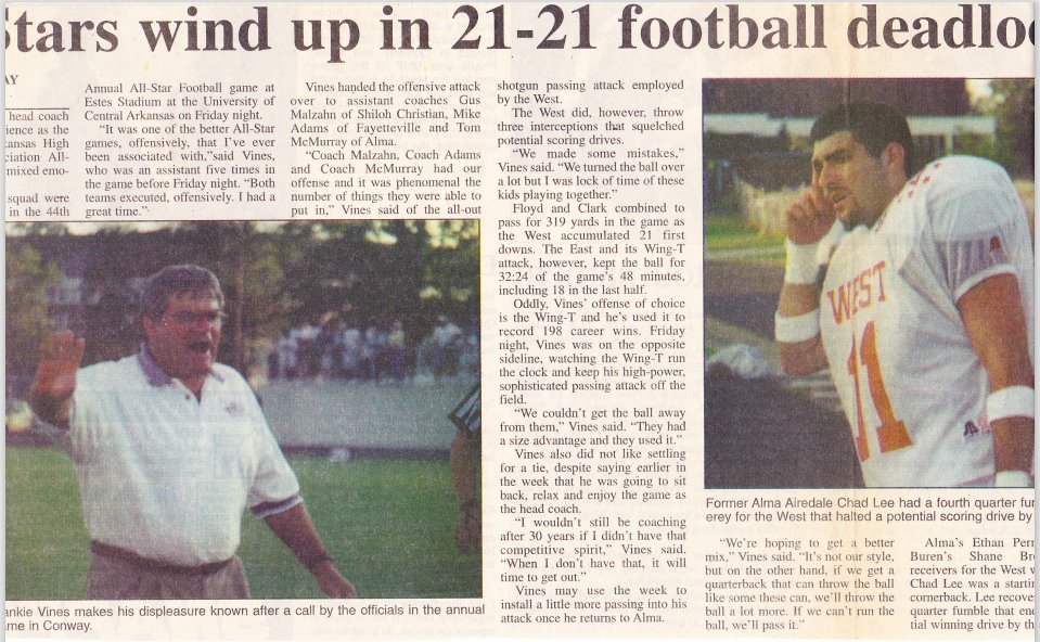 rocketman_824's tweet photo. PREP: All-Star Week Flashback. @Alma_fball was well represented in the 1999 football game with HC Frank Vines and QB Chad Lee. Rare moment for coach Vines politely questioning an official's call.

#PrepRally https://t.co/rCLoms7o5D