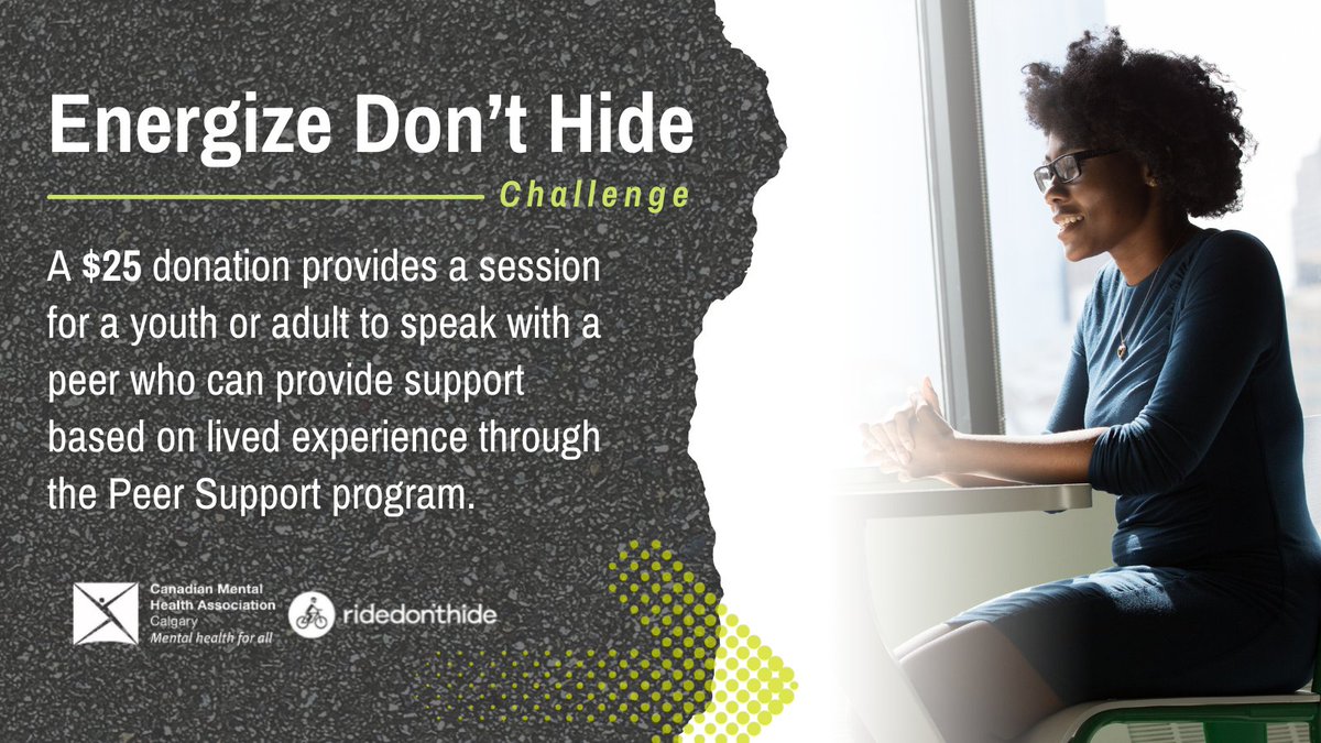 CMHACalgary's tweet image. Funds raised for Energize Don&apos;t Hide will go towards our Peer Support—a service that provides anyone looking for a connection to reach out and talk to a peer supporter with lived experience. #EnergizeDontHide. 

Register and donate today! cmha.donordrive.com/index.cfm?fuse…