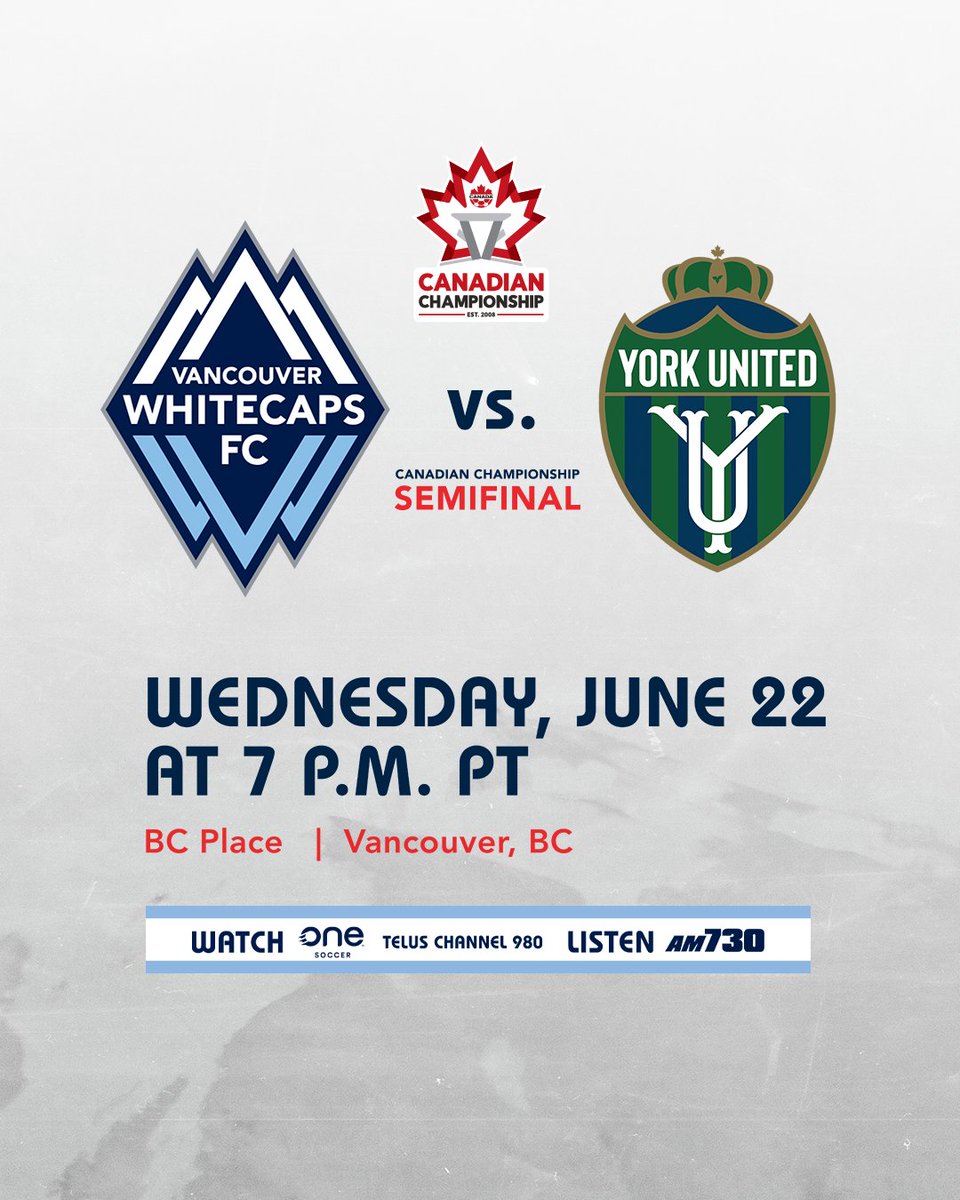 WhitecapsFC's tweet image. It's the Battle of the North ‘eh 🍁
 
We’ll BC-ing you later 🌊
 
🆚 @yorkutdfc 
📍 Vancouver, BC
🏟 BC Place 
🕛 7pm PT
📺 @onesoccer | Telus Channel 980
📻 @AM730Traffic
#️⃣ #VWFC | #VANvYRK | #CanChamp