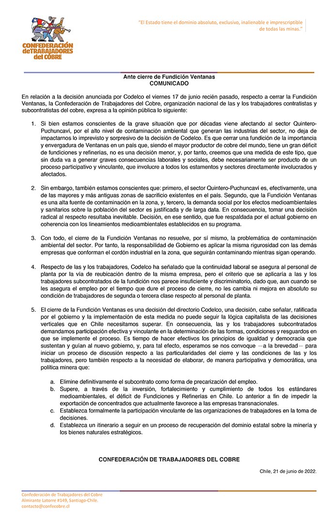 ConfeCobre's tweet photo. #ComunicadoCTC ante cierre #FundiciónVentanas | ...la responsabilidad de Gobierno es aplicar la misma rigurosidad con las demás empresas que conforman el cordón industrial en la zona... https://t.co/gO6E2kKg8M