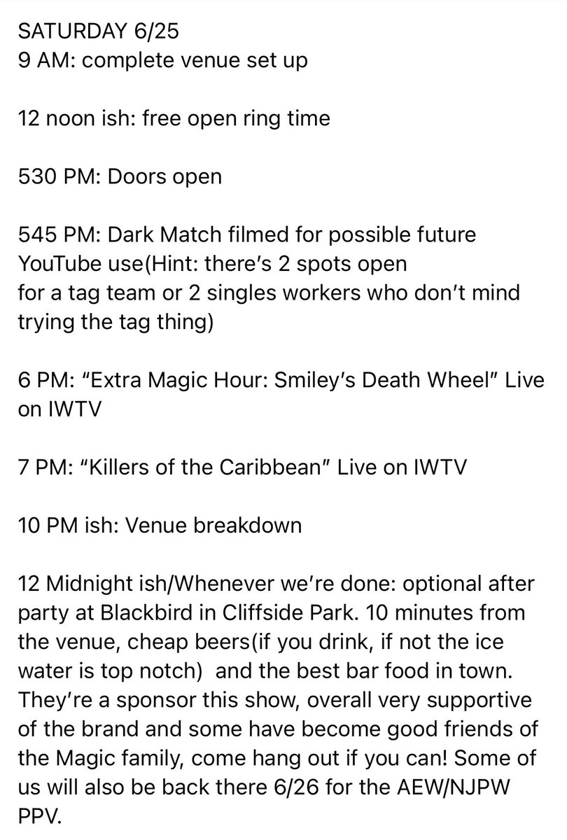 IHateSteveOff's tweet photo. Ring crew rundown for @WrestlingMagic this weekend. Message myself or @LLakshin if you have any questions. You don’t have to tell us you’re coming. You can if you wanna. Either way works. Just don’t waste our time with “I would but…..”, just come whenever you can. Or don’t lol https://t.co/fBycqxgc8j