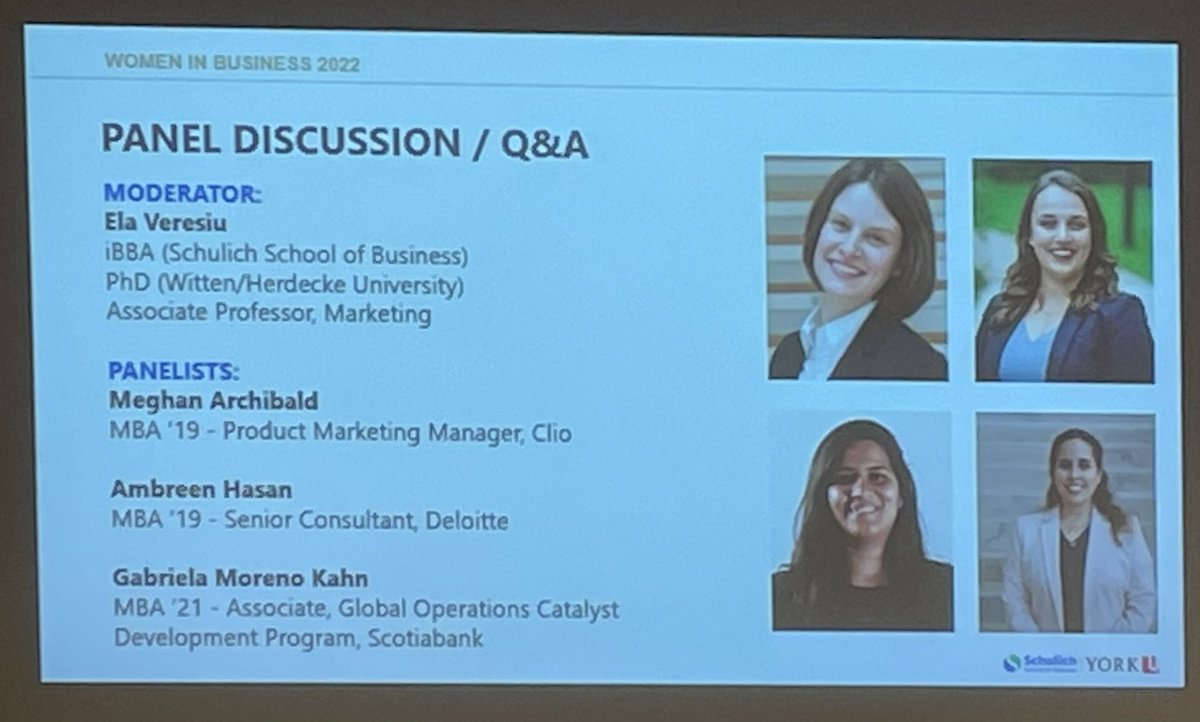 Leading our alumni panel at Women in Business is Assoc. Prof <a href="/DrVeresiu/">Ela Veresiu</a> (iBBA ‘09) talking with Gabriela Moreno Kahn (MBA ‘21) from Scotiabank; Ambreen Hasan (MBA ‘19) from Deloitte, and; Meghan Archibald (MBA ‘19) from Clio sharing their challenges, successes and advice.