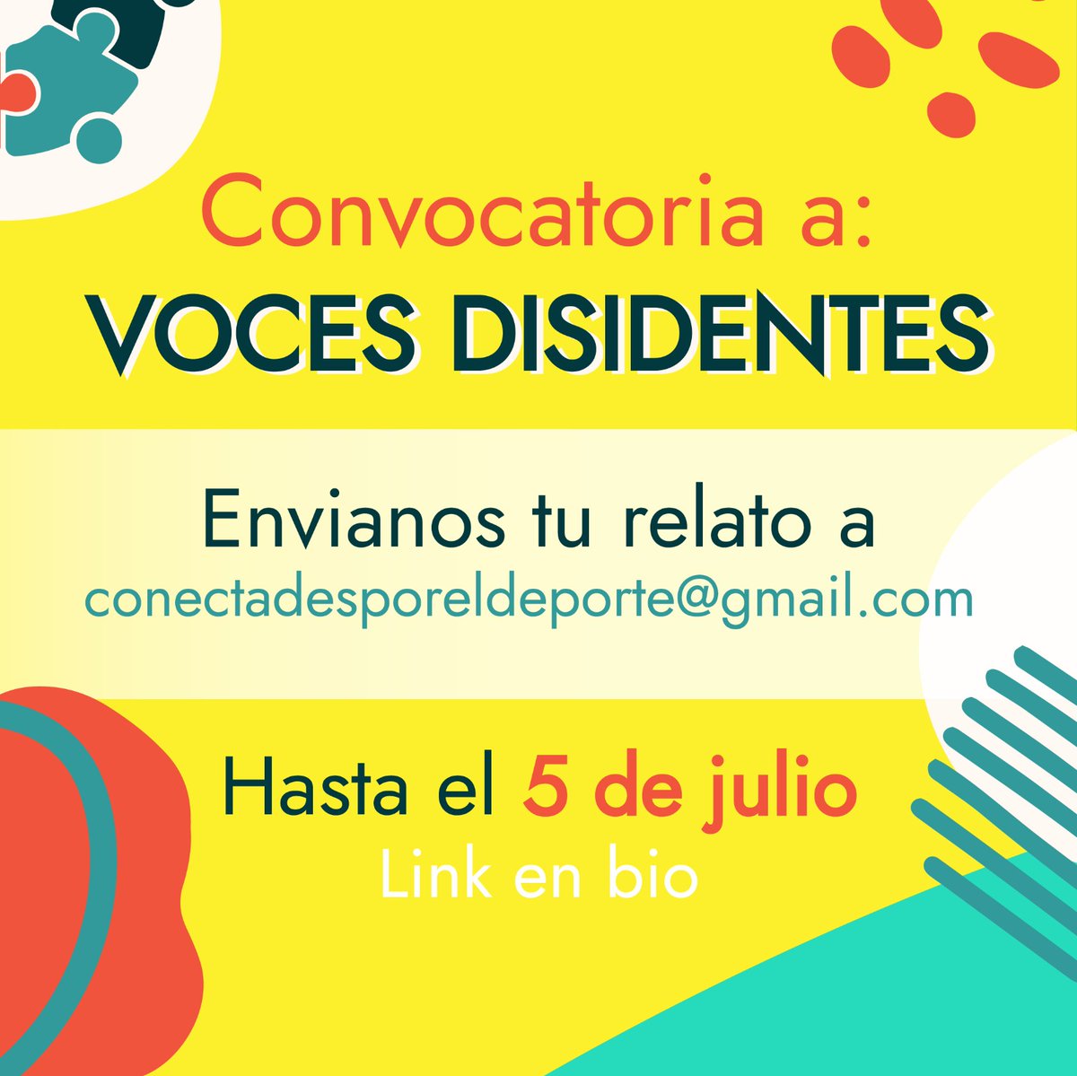 conectadesuy's tweet photo. Voces disidentes del deporte
Convocatoria a relatos protagonizados por personas cuyas experiencias disienten del estereotipo de cuerpo y subjetividad impuesta por el mandato hegemónico, biologicista y patriarcal del deporte. 
Dirigido a mujeres y personas de la comunidad LGBTIQ+ https://t.co/S1lYgFlMUn