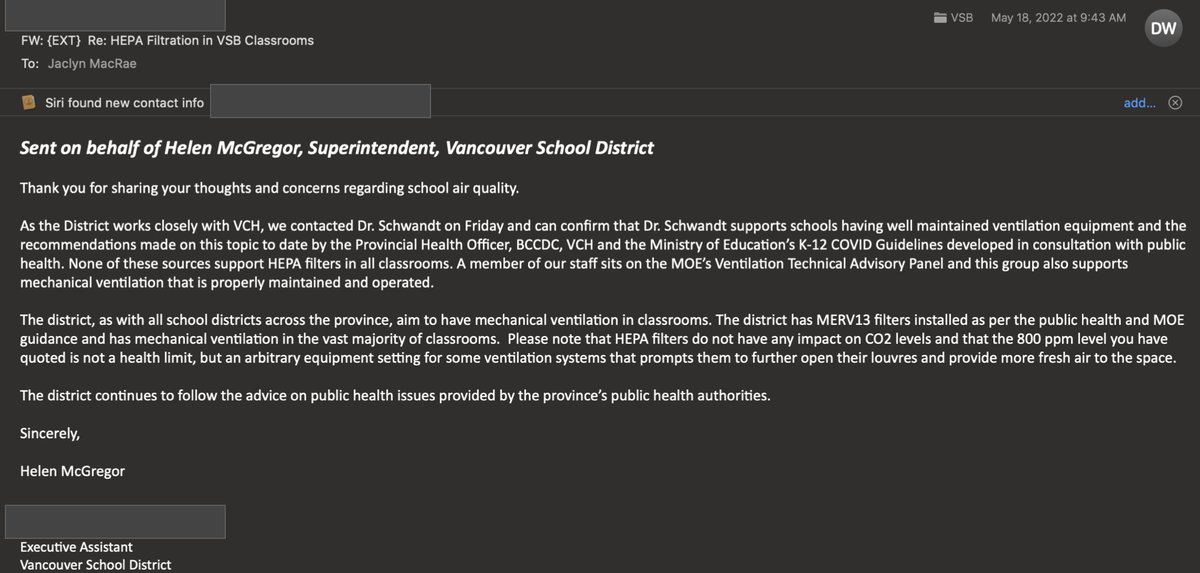 @joeyfox85 @MichaelSchwandt @OhCasavant @Death_Of_Nuance @HarlowDen @yang_yi_cn @amandalhu @WHO Interestingly, just last month (May 13, 2022), Dr. Schwandt advised @hemremmem and VSB that HEPA was unnecessary in VSB schools.

AFAIK, there doesn't appear to be an Engineer of Record backing that advice?

#BCEd #BCPoli #COVIDisAirborne