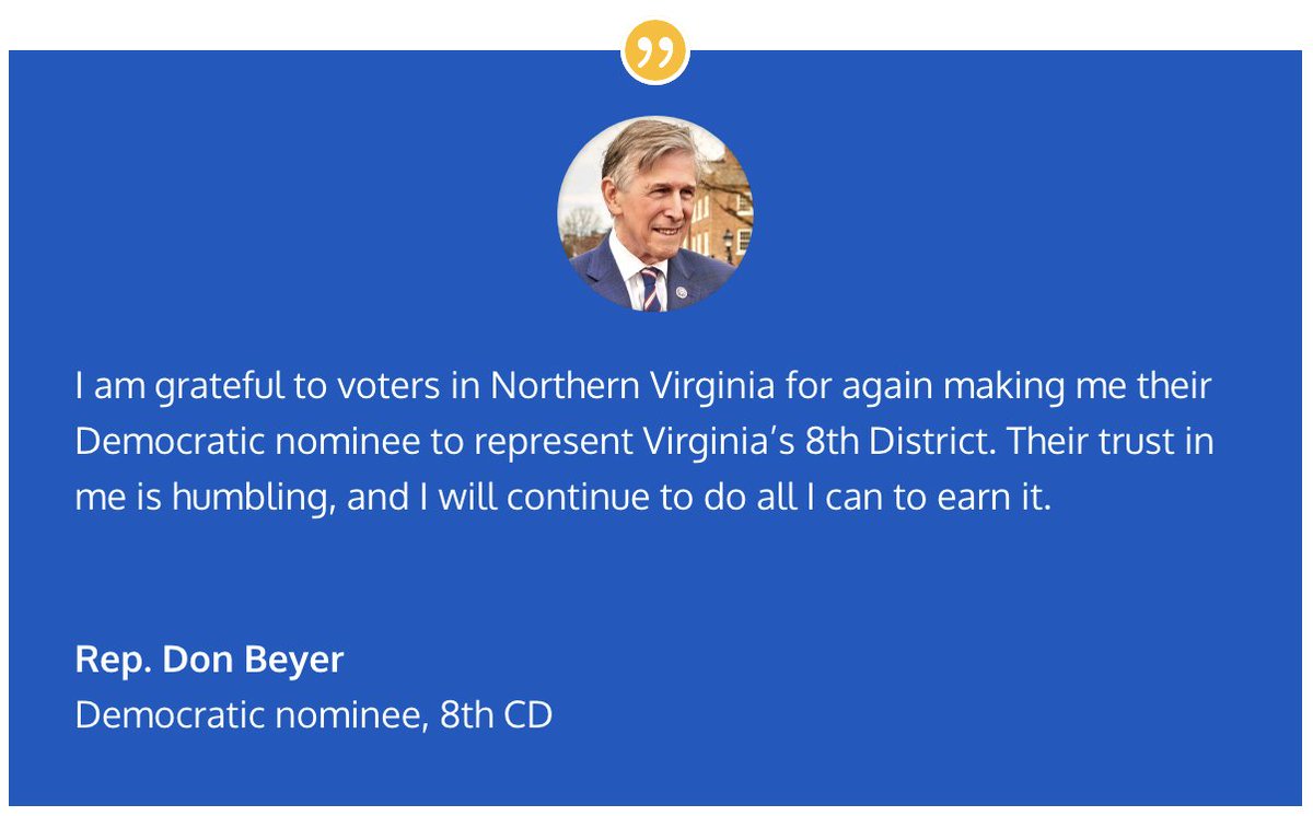 Congratulations, Rep. Don Beyer! Thanks to all our precinct volunteers, and best of luck to Victoria Virasingh.