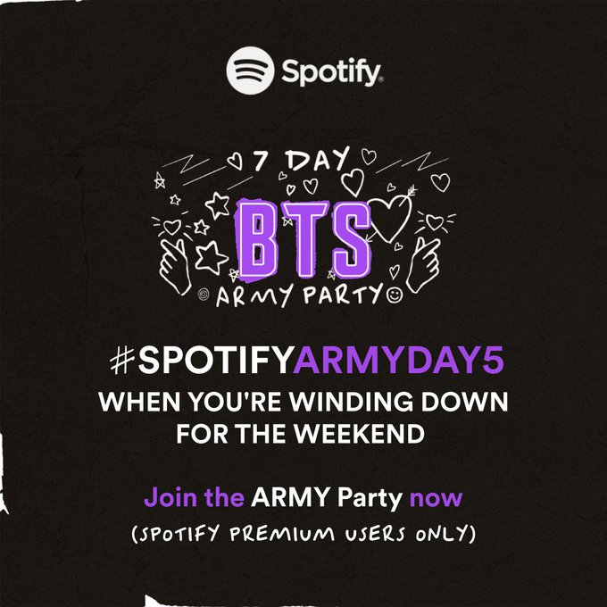 #BTSARMY!! Ready for #SpotifyARMYDay6? 

💜🎶 Join at 11pm EST 
7dayarmyparty.byspotify.com

#7DayARMYParty #SpotifyPurpleU #SpotifyxBTS @BTS_twt #BTS #BTS_Proof #YetToCome