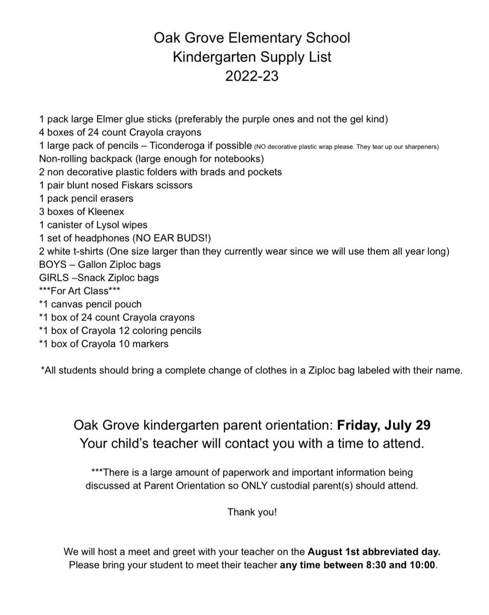 OGEStigercubs's tweet photo. 2022-2023 OGES 1st Grade &amp; Kindergarten Supply List https://t.co/yqiq54m2xL